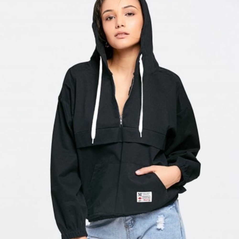Patched pocket half zip hoodie - black